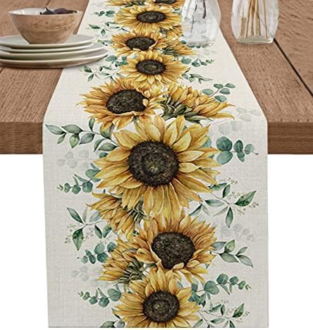 LBHAUSE Cotton Linen Table Runner Short 36 Inches, Eucalyptus Sunflower Table Runner Washable Coffee Table Runners for Kitchen Dining Table Non-Slip Dresser Scarf Rural Farmhouse Burlap Backdrop
