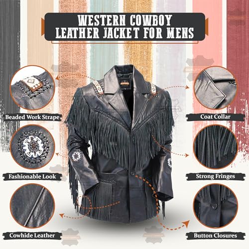 Men's Fashion Western Genuine Cowhide Leather Jacket | Native American Cowboy Coat with Fringed - Black2