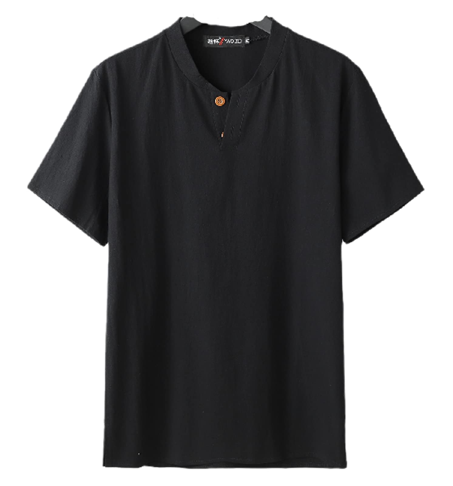 PUCEKMen's Solid Color Oversized Cotton Linen Tshirt Retro Chinese Style Split Stand Up Collar Short Sleeve TShirt Summer Loose 2 Button VNeck TShirt