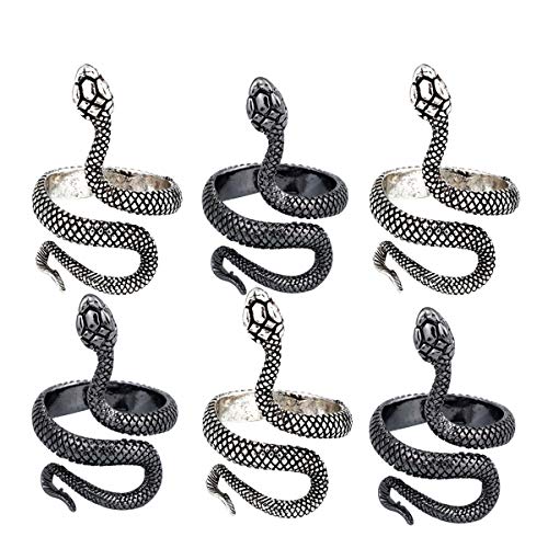 Xiuyer Schlange Ring, 6pcs Schlangenring Set Verstellbar Snake Fingerring Vintage Punk Gothic Snake Finger Ring für Frauen Damen Männer(Silber,Schwarz) Cover