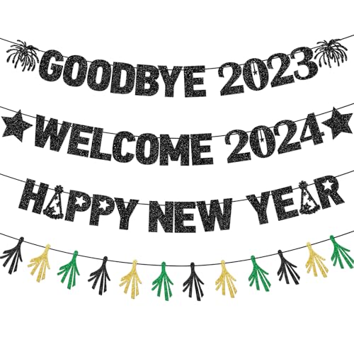 Black Goodbye 2023 Welcome 2024 Happy New Year Banner for Happy New Year Decorations 2024 New Years Eve Party Supplies 2024 New Years Eve Banner