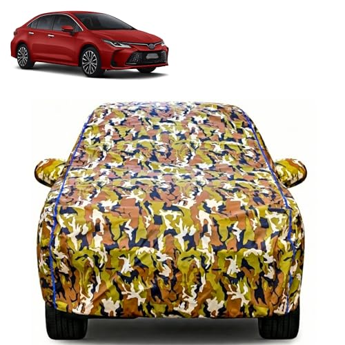 Image of Waterproof Car Body Cover for Toyota Corolla Altis with Mirror Pocket| Cotton Inner Lining | Triple Stitched | All Weather Protection | Dust, UV & Rain Proof (Camouflage with Blue Piping)