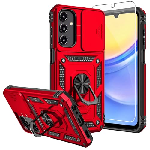 for Samsung Galaxy A15 5G Case,with Screen Protectors and Camera Cover,[Military Grade] 16ft.Drop Tested Cover with Magnetic Kickstand Protective Case for Galaxy A15 5G, Red