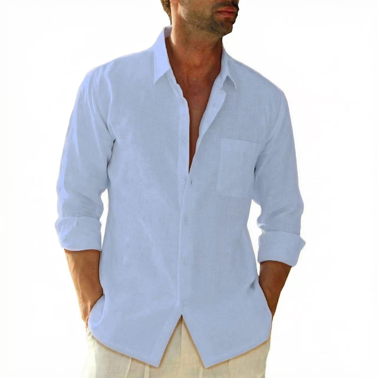 SEAYIJIA Leinenhemd Herren Langarm Baumwolle Leinen Hemden mit Tasche Freizeit Strandhemd Regular Fit Sommerhemd