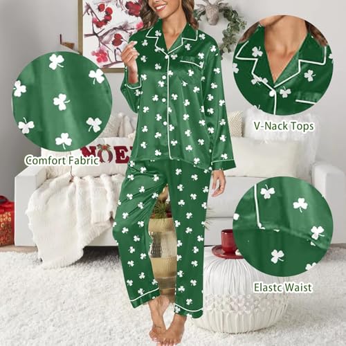 St Patricks Day Pajamas for Women Green Irish Shamrock Satin Silk Button Down Long Sleeve Sleepwear 