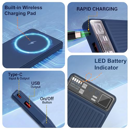 Image of Energizer 22.5W Fast Charging Wireless Power Bank 10000mAh, 15W Qi Wireless, USB-C PD + QC Output, Compact Portable Charger for iPhone, Samsung, Android | Travel Friendly | 1 Yr Warranty | Blue