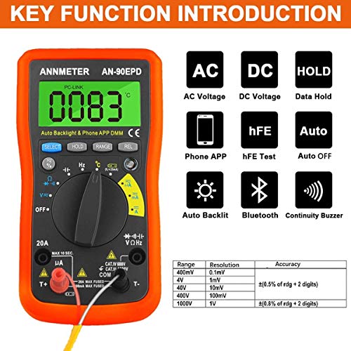 Annmeter An-90Epd Digital Multimeter With Phone App, Auto-Ranging 4000 Counts Multi-Tester, Dmm For Measures Ac/Dc Voltage Current Resistance Capacitance Temperature #TOP2
