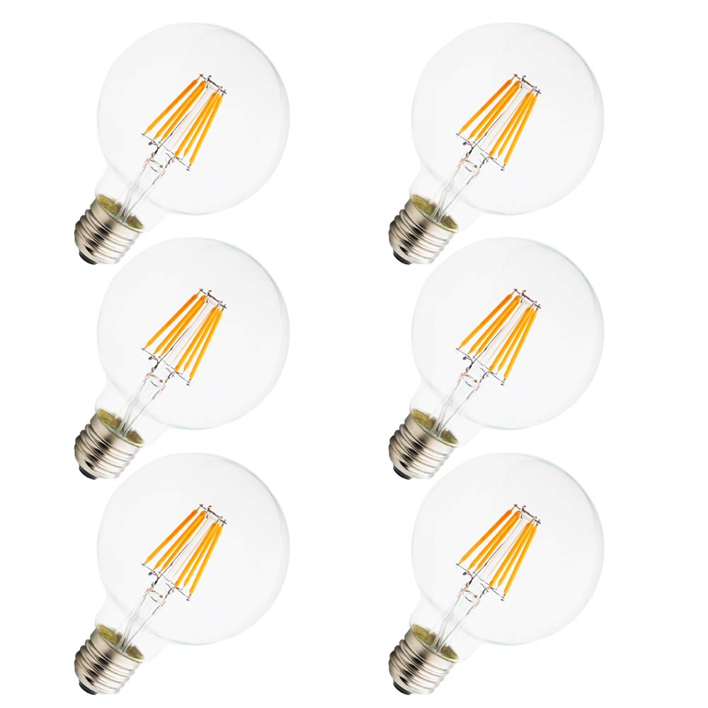 G80 E27, nowe żarówki LED Edison, żarówki energooszczędne, przyjazne dla środowiska, 6 W, AC 220 V, sferyczna żarówka, 2200 K, ciepła biel, kryształowo czyste szkło, 6 sztuk