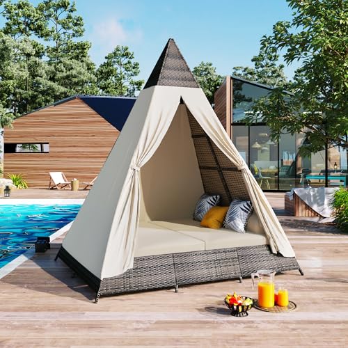 Ziraukon Outdoor Patio Daybed with Cushions, 90.5' Length Sunbed with Colorful Pillows, Tent Shape Patio Sunbed, Wicker Patio Daybed for Poolside Garden Lawn Backyard, Brown and Beige