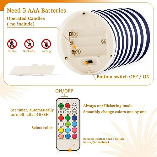 Image of YETTASBIN Navy Blue Stripes Flameless Candles with Remote Control and Timer, Adjustable Brightness Long Lasting Battery Operated LED Pillar Candles for Indoor Outdoor Party Home Decor, 2 Pack