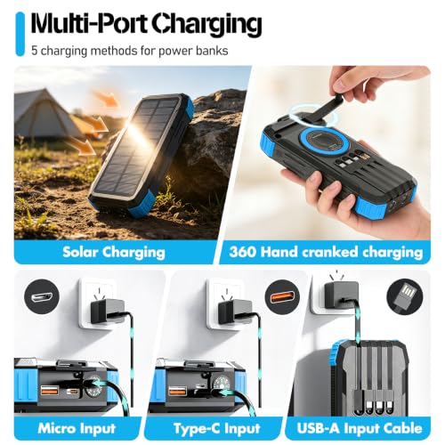 49800mAh Solar Power Bank with Hand Crank and 4 Cables, 3 in 1 Wireless Portable Charger with Camping Light & Compass, 25W Fast Charging USB C Battery for Camping Outdoor Emergency iPhone Android - Image 4
