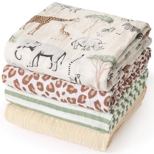 Image of david's kids 4 Pack Baby Muslin Swaddle Blankets, 100% Cotton and Ultra Soft Breathable Receiving Blanket Wrap for Boys Girls, New Born Essentials, Large 47 x 47 inches, Animals