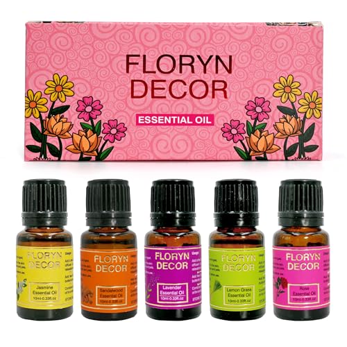Image of Floryn Decor Pure Essential Oil | Aroma Oils for Home Fragrance | Essential Oil Diffuser for Home (Lavender, Rose, Jasmine, LemonGrass, Sandalwood, 10 ml (Pack of 5))