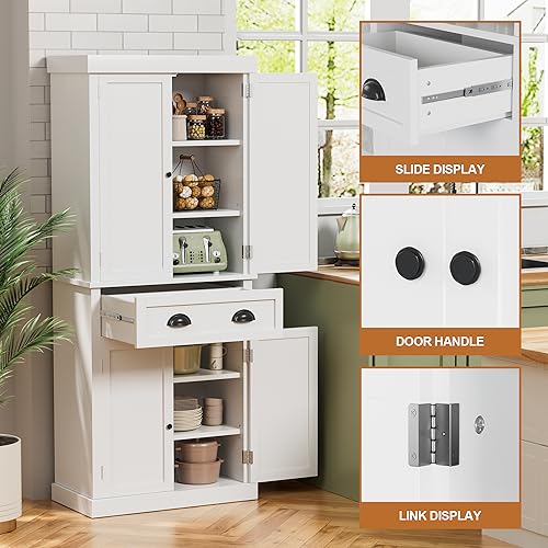 72 Tall Kitchen Pantry Storage Cabinet with Drawer and Adjustable Shelves for Dining Room or Bathroom