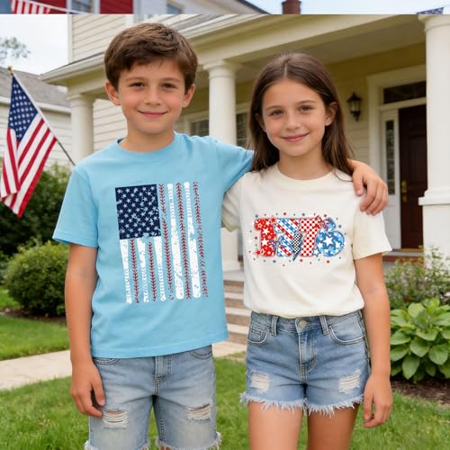 Image of Girl American Flag Shirts Bow Tshirt 4th of July Shirt Cotton Short Sleeve Tees 2-12 Years