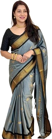 SGF11 Womens Kanjivaram Soft Silk Saree With Blouse Piece Grey Black 6.3metres