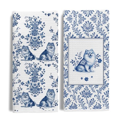 Image of Chinoiserie Pomeranian Kitchen Towels Set of 2, Blue and White Dog Dish & Tea Towels for Kitchen Bathroom Decor, Vintage Pomeranian Hand Towel for Farmhouse Decor,16x24 Inch
