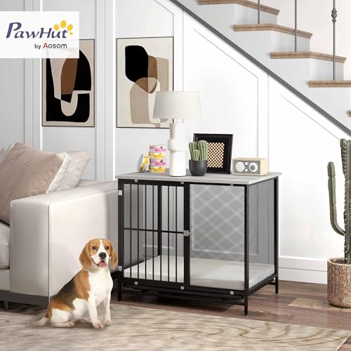 PawHut Hundekäfig für Zuhause, Abschließbar Hundehütte mit Kissen, Hundebox mit Paletten, Hundehaus für mittelgroße Hunde unter 20 kg, Grau, 88 x 55 x 71 cm