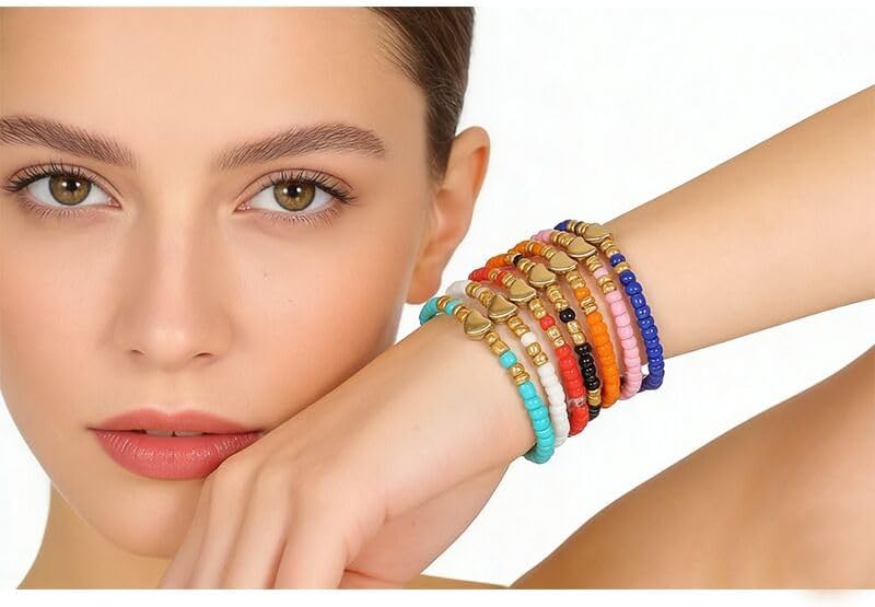 ONLYJUMP 5Pcs Multilayer Red Heart Clay Stackable Bracelets Set for Women Unique Colorful Surfer Heishi Clay Gold Beaded Stretch Bracelets Summer Beach Boho Vacation Jewelry Gifts - Image 3