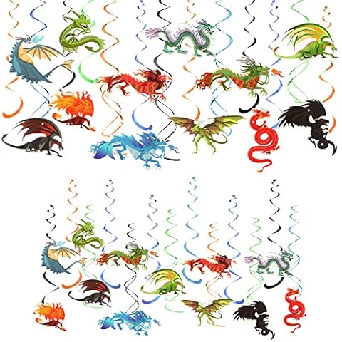 30 Pcs Dragon Party Decorations Dragon Party Swirl Foil Ceiling Hanging Decorations Fantasy Decor Dragon Birthday Party Supplies Colorful Dragon Hanging Swirls for Wall Door Window Cover