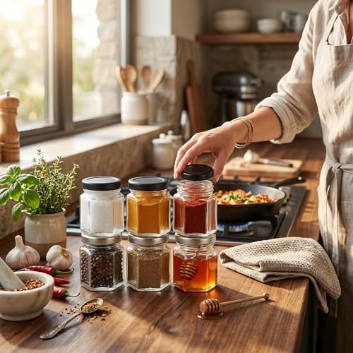 Image of Cute Hexagonal 50 grams Airtight Glass Jar Containers for Honey, Spices & other Kitchen Items with Rust Proof Black & Silver Color Caps -Set of 06