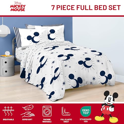 Image of Disney Mickey Mouse Full Comforter Set 7 Piece Celestial Bedding, White | Bed in a Bag, Comforter Sheets Shams Pillowcases, Official Product, Soft Microfiber, Machine Washable, Easy Care
