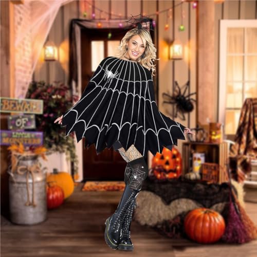 Halloween Kostüm Damen Spinnennetz Poncho, Damen Halloween Kleid Spinne Cosplay Kostüm, Halloween spinnen Kostüm Set mit halloween haarreif, Spinnen strumpfhose, Spinnen Tattoos, Spinne Ohrringe