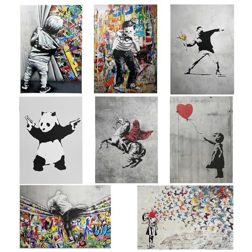 JazRvr Banksy Bilder, Poster & Kunstdrucke, 8er Set Banksy Poster für Wohnzimmer, Schlafzimmer, Büro, Wanddeko ohne Rahmen