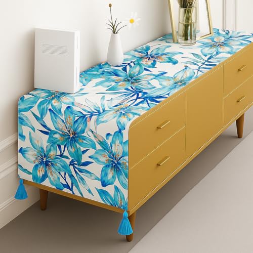 WWW.THROWPILLOW.IN Blue Leaves Print Tassel TV Unit Runner 13x72 Inches|Fits Perfectly on 5 Feet Center Table,Dresser,Office Table,Book Desk,Entry Console, Console Table,Entrance Cabinet,TV Cabinet