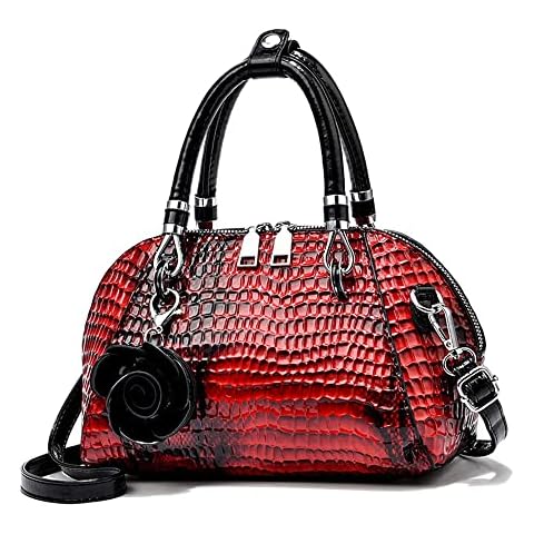 Ziming® Women Handbag Snake Print Shoulder Bag Crocodile Leather Top Handle Handbag Rose Pendant Purse-Red Cover