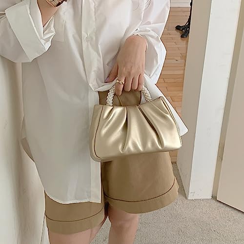 بيتفل شنطة يد نسائية من اللؤلؤ مصنوعة من الجلد الناعم بتصميم مكشكش مناسبة لحفلات الزفاف والحفلات الراقصة، لون ذهبي، فريدة من نوعها