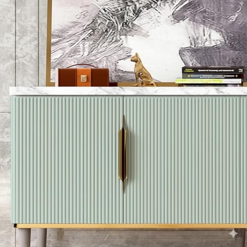 Image of Sonic Console Table, White Marble Top, Charcoal Louvers, Gold Accents, 66 x 15 x 22 Inch, Modern Entryway Storage Cabinet, Waterproof Plywood, PVD-Coated Legs, Elegant TV Unit (Sky Blue)