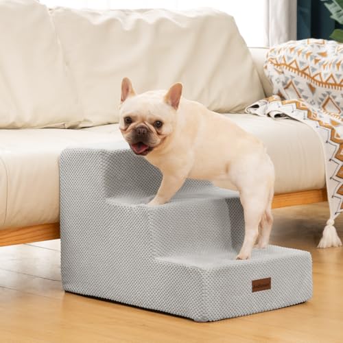 Image of Aodisman Dog Stairs for Small Dogs,Wider 3-Step Pet Steps for Couch & Bed | High-Density Foam Dog Steps,Anti-Slip Bottom,Easy for Puppies,Older Cats & Dogs to Reach Sofas & Chairs,Light Grey,15.7 inch H