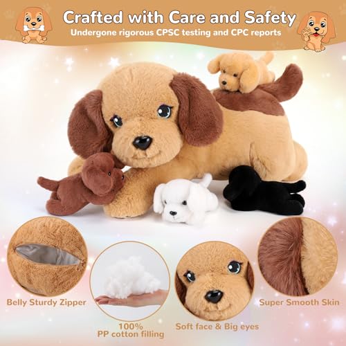 Image of 5 Pieces Dog Stuffed Animals with Babies Inside Belly - 1 Mommy Stuffed Dog with 4 Puppy Plush - Stuffed Puppy Plush Toy for Kids Age 3-8, Gifts Ideal for Christmas, Valentine's, Birthday
