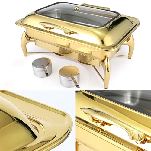 Serveur Buffet en Acier Inoxydable 10L - Ensemble De Vaisseau À Rembourrer Rectangulaire avec Couvercle en Verre, Poêle À Eau Et Support De Carburant pour Les Mariages, Banquets, Fêtes