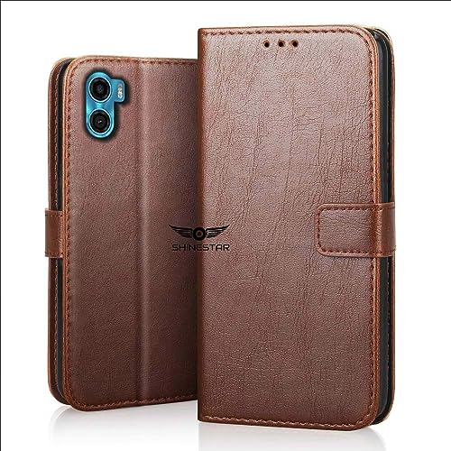 Image of SHINESTAR Motorola Moto E32 Flip Back Cover | PU Leather Flip Cover Wallet Case with TPU Silicone Case Back Cover for Motorola E32 - Classic Brown