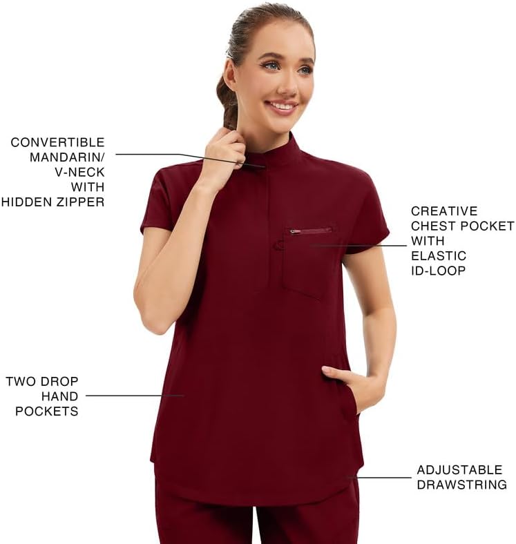 Kitmaz Women's Scrub Set - Convertible Mandarin/V-Neck Top & Jogger Pants, 9 Pockets, Wrinkle & Splash Proof - Image 3