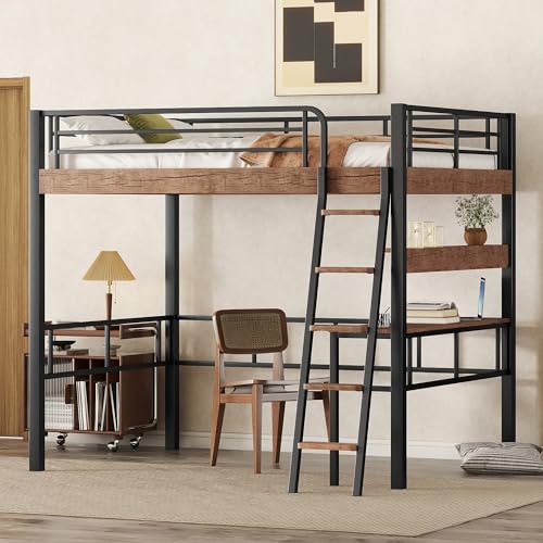 Favfurish Metal Full Size Loft Bed with Built-in Desk,Storage Shelf and Ladder,Full-Length Guardrails and Secured Metal Slats, High LoftBed W/Large Storage Space for Kids Teens Adults Bedroom,Black