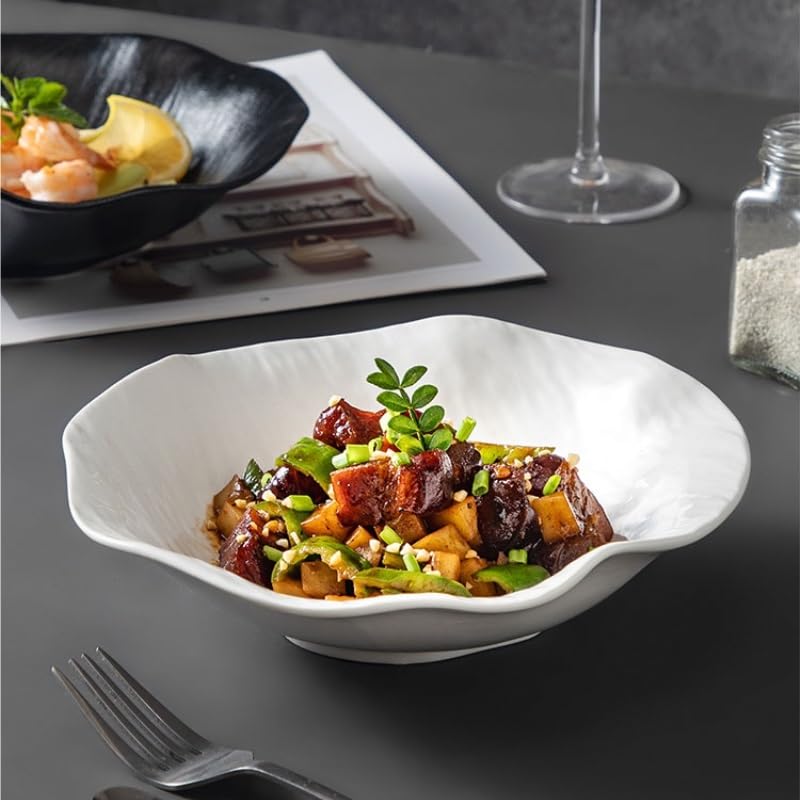 Speiseteller Set Keramik Unterglasur Malbrett Chinesisches Speiseteller Einfaches Steinmuster Tiefer Teller Gemüseteller Salatschüssel Tiefe Schüssel Küche Salatschüssel(C)