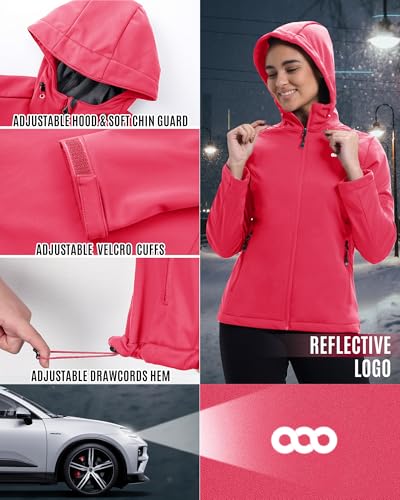 33,000ft Damen Fleece Gefütterte Softshelljacke Wasserdichte Funktionsjacke Fahhradjacke mit Kapuze Winddichte Übergangsjacke Windbreaker zum Radfahren, Wandern Rosa 38