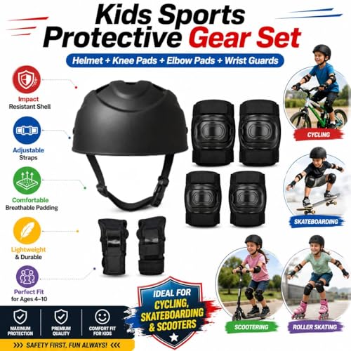 Image of Kids Protective Gear Set for Roller Skating, Skateboarding & Cycling |for Kids 4 to 10 Years (Black) | Knee and Elbow Pads Wrist Guards Set for Skating (Cycle Safety kit)