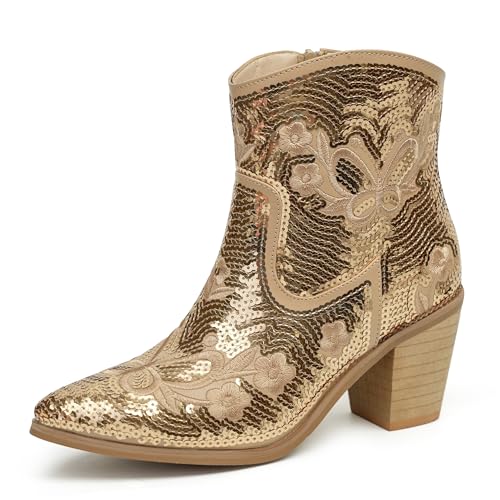 JABASIC Women Western Cowboy Ankle Boots Low Cowgirl Boots with Zipper Short Pointed Toe Booties (6,Gold)
