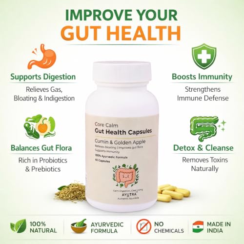 Image of Ayutra CoreCalm Ayurvedic Gut Health Capsules | Haritaki, Ajwain, Saunf, Bael, Lactobacillus & 6 Herbs | Supports Daily Digestion, Gut Comfort & Microbiome Balance | GMP, FSSAI | 60 Veg Capsules
