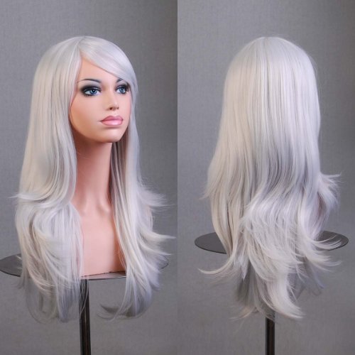 BERON Long Wavy Curly Wig High Standard Silk Female Cosplay Wig with Wig Cap (27   Silver White)