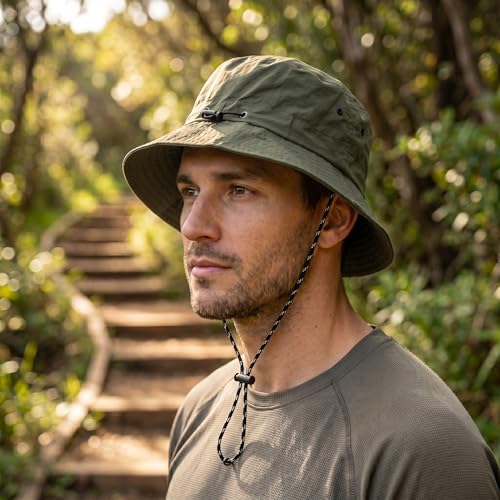 Image of Kraptick Adjustable Bucket Hat for Men - Wide Brim Sun Protection Safari Hat with Chin Strap for Outdoor, Fishing, Hiking, Trekking & Travel - Breathable Summer Boonie Cap