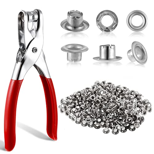 Grommet Eyelet Pliers Set with 1/4 inch Grommet Tool and 300 Metal Eyelets, Silver