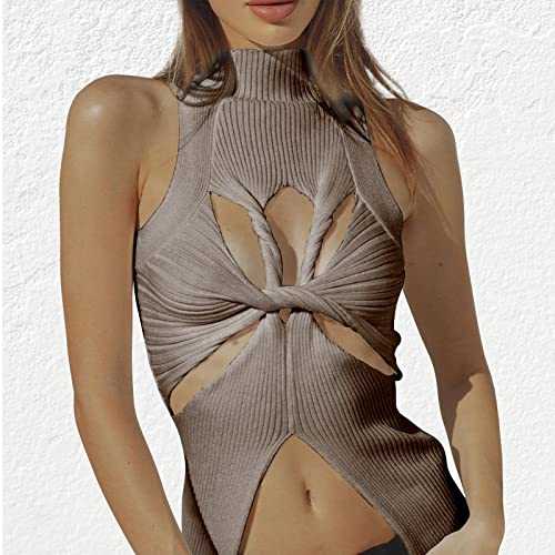 Image of Women Strapless Crop Top Sexy Hollow Out Twist Front Knitted Tank Tops Sleeveless Y2K High Neck Cut Out Sweater Vest