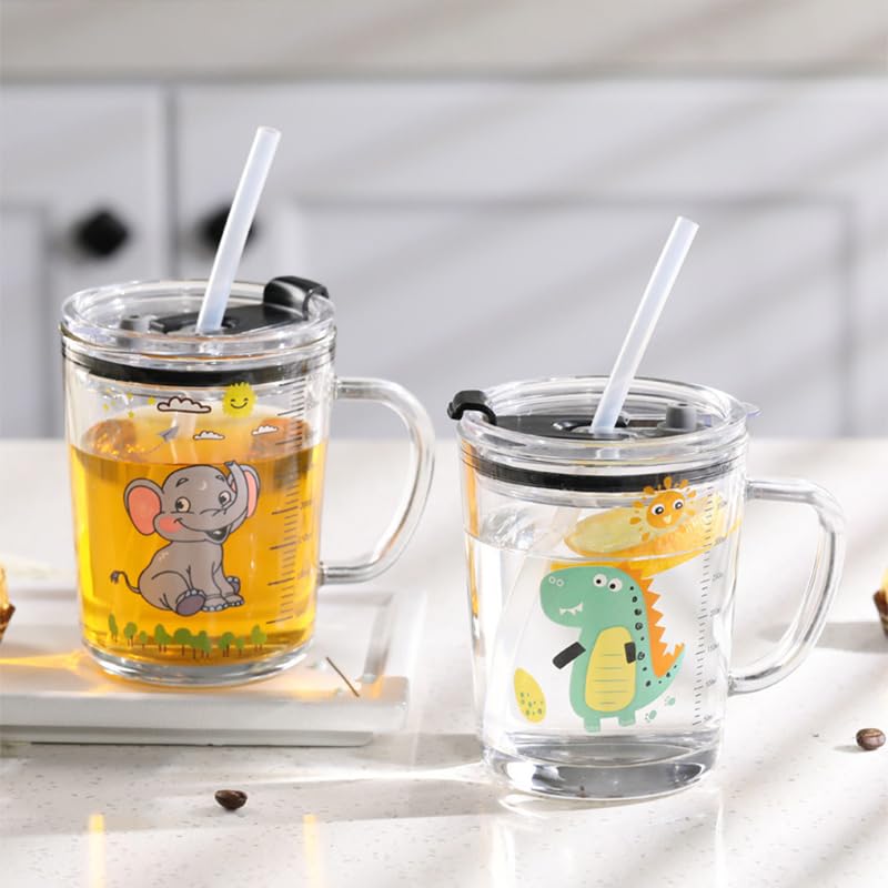 Avastro Cartoon Animal Glass Water Cup with Scale with Lid Simple Cute Milk Cups with Straw Breakfast Water Bottle Kids Drink Cup Children Cup Glass Coffee Mug (350 ml, Pack of 2) 4