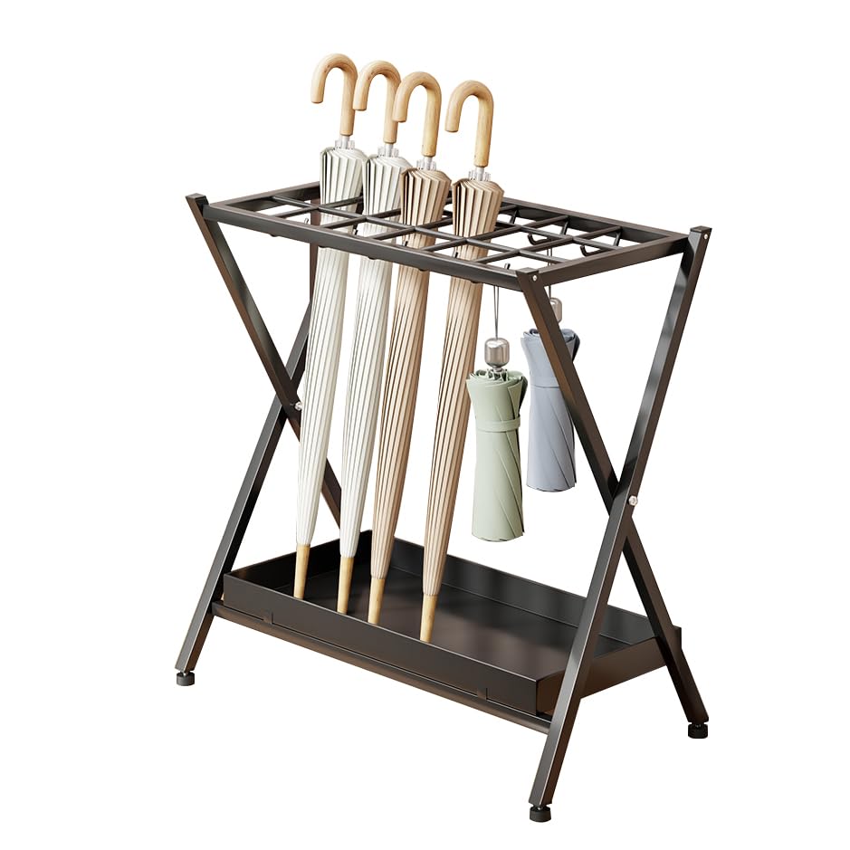 Porte-parapluie design noir élégant en métal pliable, bac récupérateur d'eau d'entrée