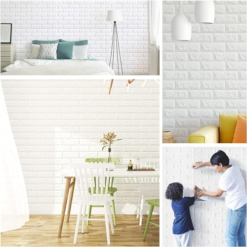 Image of Self-Adhesive Waterproof PE Foam 3D Wall Panels Wallpaper Sticker for Bathroom, Living Room, and Home Decoration (70 x 77cm, Appx. 5.8Sq Feet) (15, White)